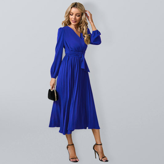 New long sleeve slim pleated belt V-neck dress A-line skirt